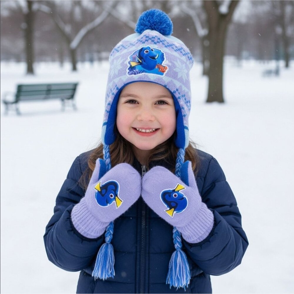 Disney ✦ Finding Dory Kids Winter Set ✦ Purple Blue Snowflake Hat Gloves Fleece